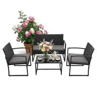 Ensemble de mobilier de jardin Relaxdays, salon de jardin en rotin 4 pièces, pour 4 personnes, banc, chaises et table en verre, mobilier de détente, d'extérieur, noir