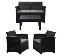 Ensemble de mobilier de jardin Relaxdays, salon de jardin en rotin 4 pièces, pour 4 personnes, banc, fauteuils et table, mobilier de détente, d'extérieur, noir