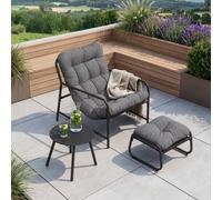 Ensemble de mobilier de jardin "Trerdfjoa" comprenant : une chaise de jardin, une table de jardin et un repose-pieds. Structure en métal, couleur gris foncé