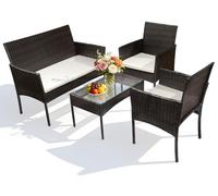 Ensemble de mobilier de jardin Vigevee, 4 pièces, en résine tressée, comprenant 2 fauteuils, une banquette 2 places et une table en verre, de couleur marron