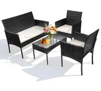 Ensemble de mobilier de jardin Vigevee, 4 pièces, en résine tressée, comprenant 2 fauteuils, une banquette 2 places et une table en verre, de couleur noire