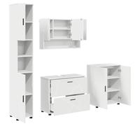 Ensemble de Mobilier de Salle de Bain 4 Pieces Blanc Miroir Armoires | Bois d'ingénierie,pieds en métal,miroir réfléchi,toilettes,fixation murale,rangement optimisé,petit intérieur