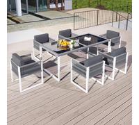 Ensemble de mobilier de terrasse, ensemble de salle à manger 7 pièces avec tables en verre et 6 fauteuils, housses en tissu amovibles et lavables, gris