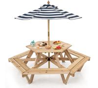Ensemble de mobilier d'extérieur pour enfants COSTWAY, conçu pour 6 enfants, comprenant des bancs et un parasol réglable en hauteur. Table de pique-nique hexagonale en bois pour enfants