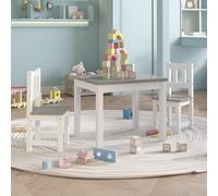 Ensemble de mobilier pour enfants, blanc et gris, en MDF : table de 60 x 50 x 48 cm, 2 chaises de 25 x 25 x 55 cm. Idéal pour les chambres d'enfants et les chambres de bébé. Ensemble complet