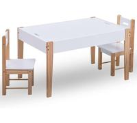 Ensemble de mobilier pour enfants composé de 3 éléments : une table avec tableau noir, fabriquée en MDF et en bois de pin, de dimensions 90x60x51 cm, avec un espace de rangement ; 2 chaises pour chamb