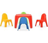 Ensemble de mobilier pour enfants comprenant une table et 4 chaises, idéal pour une salle de jeux, un jardin ou une chambre d'enfant. Design multicolore et robuste, conçu pour les jeunes enfants