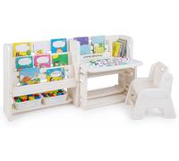 Ensemble de mobilier pour enfants COSTWAY 4 en 1 : table pour enfants avec étagères, tableau blanc, 2 bacs de rangement et plateau inclinable, table de dessin pour enfants à partir de 3 ans