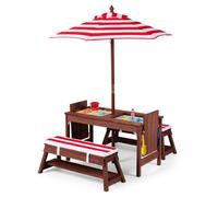 Ensemble de mobilier pour enfants COSTWAY comprenant : une table de pique-nique d'extérieur, un ensemble de sièges avec parasol, une table à sable et 2 bancs, une table pour enfants avec 2 bacs de ran