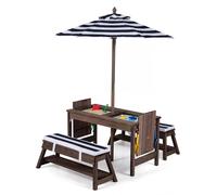 Ensemble de mobilier pour enfants COSTWAY comprenant : une table de pique-nique d'extérieur, un ensemble de sièges avec parasol, une table à sable et 2 bancs, une table pour enfants avec 2 bacs de ran