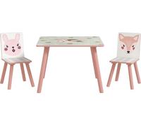Ensemble de mobilier pour enfants Fortuna Lai en bois de pin, table avec 2 chaises, motif animalier, chambre d'enfant, 3-8 ans, rose