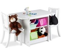 Ensemble de mobilier pour enfants Relaxdays ALBUS avec rangement, 1 table et 2 chaises en bois, ensemble de table et chaises pour garçons et filles, blanc