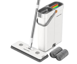 Ensemble de Mop Plat, Système de Lavage Sans Mains, Comprend des Tampons en Microfibre, BLANC