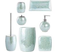 Ensemble de mosaïque unique en verre épais pour la salle de bains – comprenant un porte-savon, un miroir, un porte-brosses à dents et une carafe à savon – bleu azur – 4 pièces