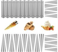 Ensemble de moules à cannelés et à croissants Ibenzoa®, 30 pièces, en acier inoxydable avec revêtement antiadhésif, adaptés au four et à la friteuse : 10 moules à double tube Ø27×125 mm, 10 grands côn