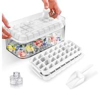 Ensemble de moules à glaçons Unyqoos® avec système à bouton-poussoir, 2 x 32 compartiments, bac empilable avec couvercle, seau à glace et pelle, en ABS/PET/PP, sans BPA (23 x 12,5 x 9,5 cm)