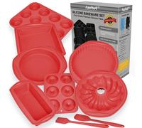 Ensemble de moules de cuisson en silicone antiadhésif, 9 en 1, de couleur rouge, pour génoise, muffins, pain, pizza, cupcakes, résistant à la chaleur, sans BPA