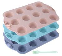 Ensemble de moules en silicone Benzoa® (3 pièces) pour réaliser 12 mini-cupcakes ou muffins chacun, sans BPA, avec revêtement antiadhésif, dimensions : 30 x 19,5 x 2 cm, bords renforcés