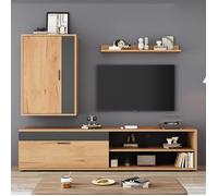 Ensemble de mur de salon TV 3 pièces,140x35x39cm,MUR multimédia avec panneau TV,étagère sur pied et étagère murale,couleur bois+noir