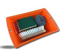 Ensemble de nettoyage ménager | 1 Bac 3 litres multi-usages | 1 brosse à laver |1 brosse à ongle double face | 2 éponges 125 x 90 mm 1 face scotch brite | 1 éponge acier ronde | Kibros NETKIT7c