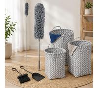 Ensemble de nettoyage pour cheminée en tissu (3 pièces) – Trio de paniers à linge (3 pièces), balayette à cendres et plumeau télescopique