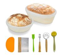 Ensemble de panier à pain rond et ovale, rotin 100 % naturel, kit de fabrication de pain au levain avec doublure en tissu, lame, fouet à pâte, grattoirs et brosse. Kit de démarrage au levain