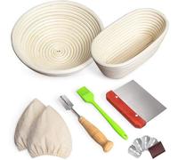 Ensemble de paniers à levain Ibenzoa® – 2 paniers à levain (ovale, 25×15×9 cm, et rond, 22×22×8 cm) en rotin indonésien, avec des doublures en lin lavables + lame à pain, racloir à pâte, brosse en sil