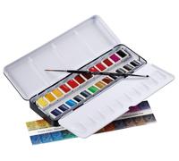 Ensemble de peintures aquarelles, 24 demi-pots, boîte en métal, design classique