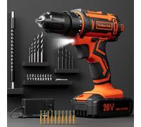 Ensemble de perceuses électriques sans fil 20 V avec batterie 2,0 Ah et chargeur, mandrin sans e 9,5 mm, couple 25 + 1, 42 embouts/vis pour projets de bricolage (orange)