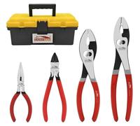 Ensemble de pinces en acier au carbone comprenant : une pince à bec fin de 12,7 cm, une pince coupante de 15,2 cm, une pince à articulation mobile de 21,4 cm et une pince à articulation mobile de 25,2