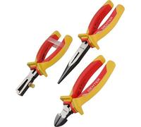 Ensemble de pinces isolées Unyqoos® composé de 3 pièces pour travaux électriques : pince à dénuder, pince à bec fin, ciseaux coupants. Adapté pour une tension jusqu'à 1000 V, avec mâchoires en chrome-