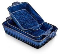 Ensemble de plats à gratin en céramique avec poignées - MC-001 - 3 pièces - 1480 ml, 2080 ml et 3020 ml - Adaptés au four - Parfaits pour les lasagnes et les gratins - Couleur : bleu