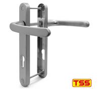 Ensemble de poignée de porte en PVC, à ressort, entraxe de 92 mm, couleur argent, longueur 203 mm