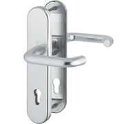 Ensemble de poignée de porte PARIS, plaque de recouvrement rectangulaire, entraxe 92 mm, anodisé argent e sécurité RC2