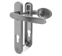 Ensemble de poignée et de mécanisme pour porte en PVC, à ressort, entraxe de 92 mm, finition argent, distance entre les vis de 122 mm