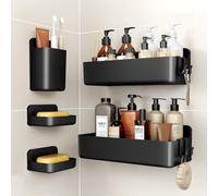 Ensemble de porte-serviettes de douche - Organisateur de salle de bain - Pour ranger et sécher - Installation sans perçage - 5 pièces - Noir