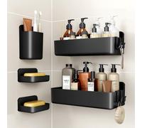 Ensemble de porte-serviettes de douche - Organisateur de salle de bain - Pour ranger et sécher - Installation sans perçage - 5 pièces - Noir