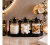 Ensemble de rangement de vanité de salle de bain moderne, distributeur de tampons de coton & porte-coton-tige avec plateau noir, boîte de rangement de cosmétiques minimaliste, boîte de rangement de bo