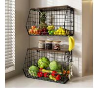 Ensemble de rangement mural pour cuisine, 2 pièces, corbeille à fruits et légumes, panier à fruits mural empilable, étagère de cuisine pour fruits et légumes, avec couvercle en bois, noir, 30 x 20 x 2