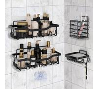 Ensemble de rangement pour salle de bain, noir, 4 pièces, sans perçage, avec porte-savon et porte-brosses à dents, porte-shampoing, 14 crochets.