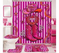 Ensemble de rideaux de douche avec chapeau de cowboy, bottes de cowboy fantaisistes colorées, papillons, pêche d'été, lavables avec crochets, ensemble de rideau de douche et tapis décoratif pour