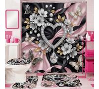 Ensemble de rideaux de douche élégants et romantiques en forme de cœur, motif fleurs et papillons, lavables, avec crochets, pour salle de bain, dortoir, 183 x 183 cm, noir
