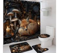 Ensemble de rideaux de douche en polyester imperméable avec motif renard, champignon naturel rustique et bougie d'automne marron pour salle de bain, décoration d'hôtel 183 x 183 cm