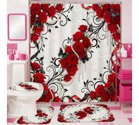 Ensemble de rideaux de douche en polyester imperméable avec tapis décoratif pour chambre d'amis Motif roses et papillons élégants Rouge 183 x 183 cm