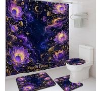 Ensemble de rideaux de douche en polyester imperméable avec tapis pour salle de bain, maison, hôtel, motif nénuphar, lune, étoiles, violet clair de lune, 183 x 183 cm