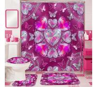 Ensemble de rideaux de douche en toile motif cœurs, papillons colorés ludiques, pierres précieuses, pêche d'été, lavable, avec crochets, ensemble de rideau de douche et tapis décoratif pour chambre