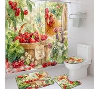 Ensemble de rideaux de douche et tapis de bain en polyester imperméable avec motif poulet, panier de cerises rustiques, rouge d'été, 183 x 183 cm