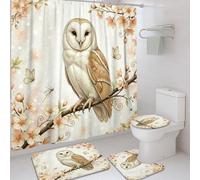 Ensemble de rideaux de douche motif hibou, fleurs fantaisistes, papillons, printemps crème avec crochets, rideau de douche et tapis décoratif pour chambre d'amis en toile, 183 x 183 cm