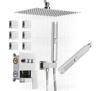 Ensemble de robinetterie de douche, système de douche à effet pluie à fixation au plafond de 254 mm avec 6 jets corporels et douchette 2 en 1, ensemble de pomme de douche pivotante à 3 fonctions, kit