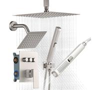 Ensemble de robinetterie de douche, système de douche à effet pluie à fixation au plafond de 254 mm avec pomme de douche murale de 152 mm et douchette 2 en 1, pomme de douche double à 3 fonctions pivo